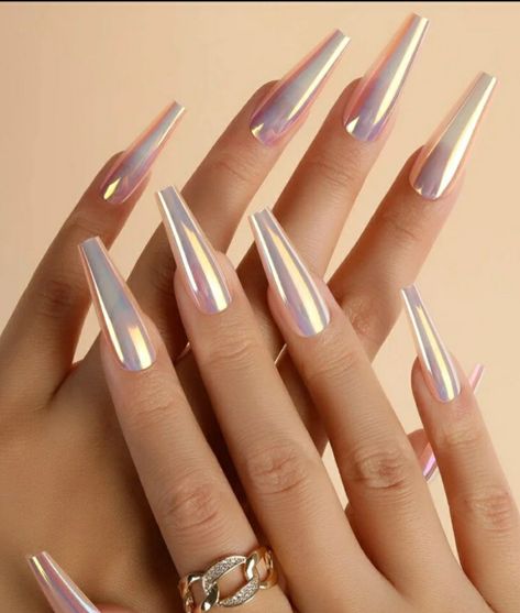 Long Nails Coffin Design, Elegant Spring Nail Designs, Tapered Coffin, Wedding Manicure, Fake Nails Long, Nails Chrome, Pink Holographic, Mirror Nails, Gel Nail Extensions