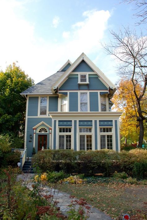 Blue Victorian Houses with Cream Trim Blue House With Cream Trim, Victorian Home Windows, Queen Anne Victorian Exterior House Colors, Brown Victorian House, Blue Victorian House Exterior, Blue Victorian House, Studio Exterior, 1900 Folk Victorian House, Victorian Country House