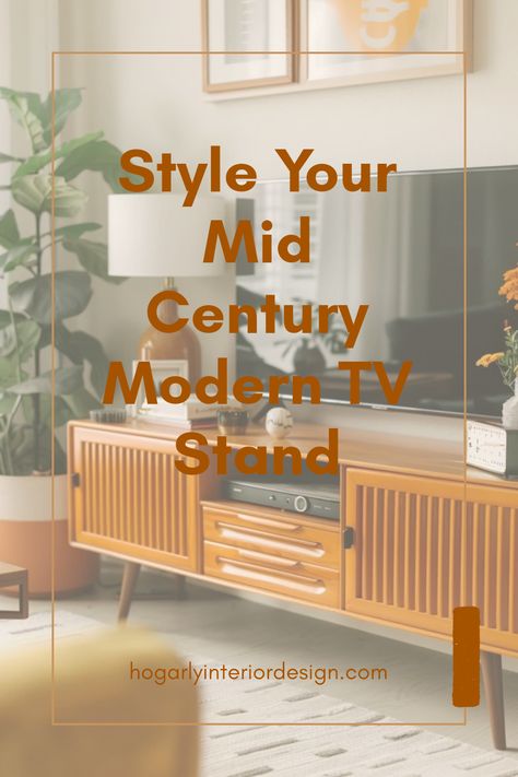 A newly styled Mid Century Modern TV stand featuring vibrant decor items for a stylish living space, showcasing how to combine various elements for a functional yet trendy look. This image captures an elegant setup with complementary colors. Midcentury Modern Tv Stand Decor, Open Tv Stand Decor, Eclectic Minimalist Decor Living Room, Mid Century Modern Tv Wall, Midcentury Modern Tv Stand, Mid Century Modern Tv Cabinet, Eclectic Minimalist Decor, Ikea Mid Century Modern, Scandinavian Tv Stand