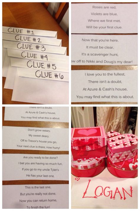 Valentine's scavenger Hunt!! I left him clues in envelopes at each destination with a present waiting for him at each place! Started the hunt off with "roses are red, violets are blue, where we first met, will be your first clue." Boyfriend Scavenger Hunt, Anniversary Scavenger Hunts, Romantic Scavenger Hunt, Scavenger Hunt Riddles, Scavenger Hunt Birthday, Surprise Boyfriend, Scavenger Hunt Clues, Birthday Surprise Boyfriend, Scavenger Hunts