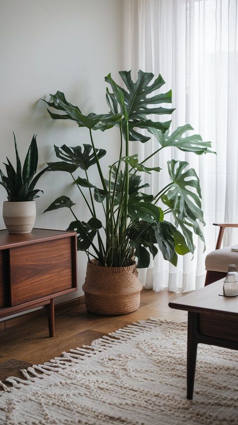 Thriving Monstera Large Monstera Plant In Living Room, Plant Apartment, Plants Monstera, Living Room Plants, Potted Houseplants, Apartment Aesthetic, Monstera Plant, Monstera Deliciosa, Garden Trees