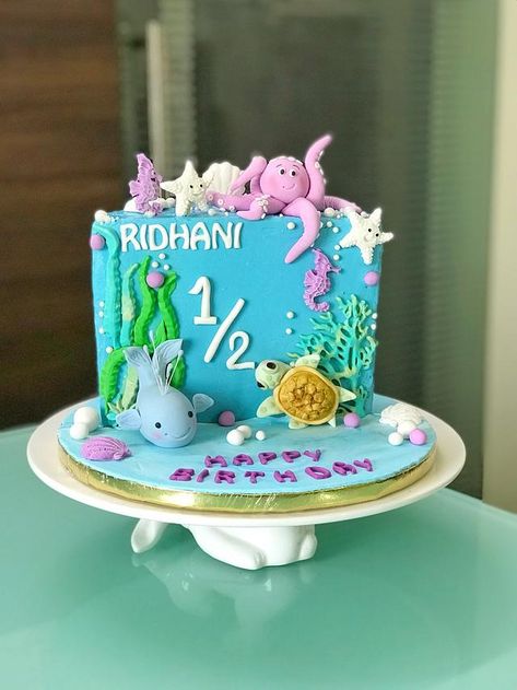 Aquatic Theme Cake, Ocean Animal Birthday Cake, Half Cake For 6 Months Girl, Easy Under The Sea Cake, Under The Sea Cake Boy Ocean Themes, Half Birthday Cake, Cute Sea Creatures, Happy Half Birthday, Half Birthday Cakes