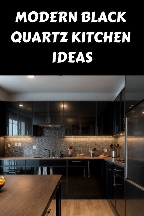 Modern black quartz kitchen with stylish cabinets and countertops. Kitchen Quartz Backsplash, Black Quartz Kitchen Countertops, Black Quartz Countertops, Quartz Backsplash, Black Countertops, Quartz Kitchen Countertops, Black Appliances, Kitchen Games, Quartz Surfacing