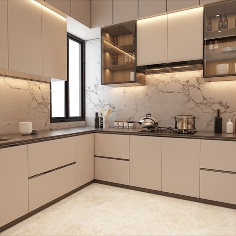 beige theme kitchen Luxury Beige Kitchen, Beige Cabinets Kitchen, Kitchen Ideas Beige, Kitchen Color Themes, Beige Kitchen Design, Beige Kitchens, Single Wall Kitchen, Latest Modular Kitchen Design, Modular Kitchen Ideas