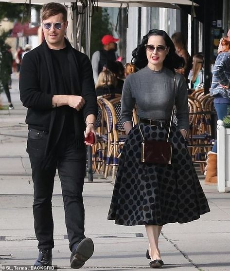 Dita Von Teese looks sensational in a polka dot skirt as she shops with boyfriend Adam Rajcevich | Daily Mail Online Dita Von Teese Fashion, Deta Von Teese, Dita Von Teese Aesthetic, Dita Von Teese Street Style, Dita Von Teese Outfits, Dita Von Tees, Dita Von Teese Style, Dita Von Tease, 70s Outfits