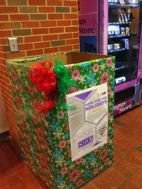 Christmas donation box Christmas Food Drive Box Ideas, Toy Drive Box Ideas, Donation Drop Box Ideas, Toy Drive Ideas, Toy Drive Box Ideas Christmas, Christmas Donation Box Ideas, Holiday Donation Box Ideas, Christmas Toy Drive Box Ideas, Toy Donation Box Ideas