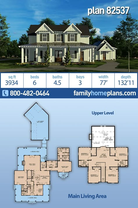 Bungalow, Country, Craftsman, Farmhouse House Plan 82537 with 6 Beds, 5 Baths, 3 Car Garage 5 Bedroom House Floor Plan Wrap Around Porch, 5 To 6 Bedroom House Plans, Next Gen House Plans 5 Bedroom, 6 Bedrooms Floor Plans, Farmhouse 6 Bedroom Floor Plans, 5 Bedroom House Plan With Basement, 6 Bed Rooms House Plan, 5 Bedroom Country House Plans, 5 Bedroom 6 Bathroom House Plans