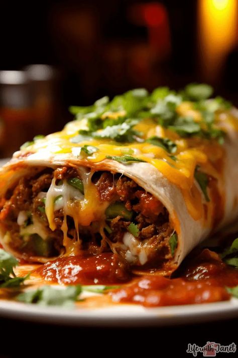 Beef Burrito With White Sauce, Loaded Burrito Recipe, Crispy Beef Burritos, Hacienda Wet Burrito Recipe, Wet Beef Burrito Recipe, Ground Beef Burritos Flour Tortillas, Moist Burritos, Burito Mexicanos Recipe, Smothered Burritos Beef