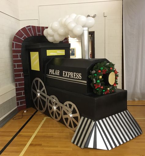 How To Build A Train Out Of Cardboard, Polar Express Christmas Parade Float, Polar Express Balloon Garland, Polar Express Balloons, Polar Express North Pole Decorations, Polar Express Yard Decorations, Polar Express Cardboard Train, Train Christmas Decorations, Polar Express Photo Backdrop