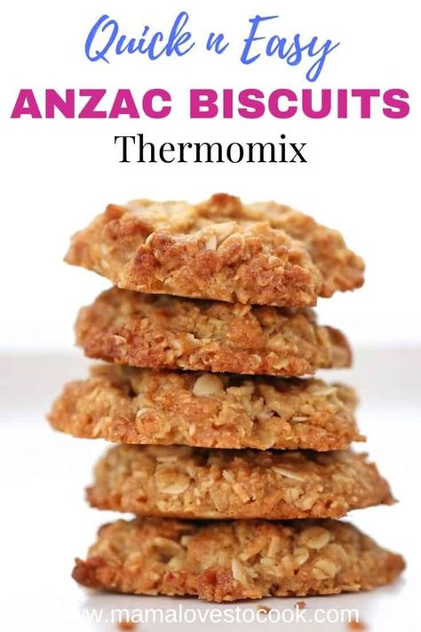 This Thermomix ANZAC biscuits recipe makes the classic recipe loved by generations even easier! Delicious chewy oat and coconut cookies are yours in just minutes with this quick and easy recipe. This Thermomix ANZAC biscuits recipe makes the classic recipe loved by generations even easier! Perfect for lunch boxes, afternoon snacks... or just because. #thermomixrecipes #cookies #recipesforbaking Thermomix Carrot Cake, Thermomix Baking Recipes, Easy Anzac Biscuits, Thermomix Recipes Dinner, Thermomix Baking, Easy Biscuit Recipe, Anzac Biscuits, Biscuits Recipe, Oat Cookies