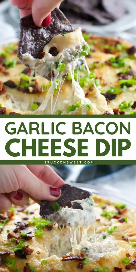 What's not to love about this easy garlic bacon cheese dip? A perfect addition to your best game day recipes! Cream cheese, sour cream, garlic, bacon, mozz and parm cheese, a little green onion and a few seasonings make this the best cheese dip recipe! Best Cheese Dip, Recipes Cream Cheese, Bacon Cheese Dip, Bacon Cheese Dips, Cold Dip Recipes, Dip Recipes Hot, Healthy Dip, Game Day Recipes, Cheese Dip Recipe