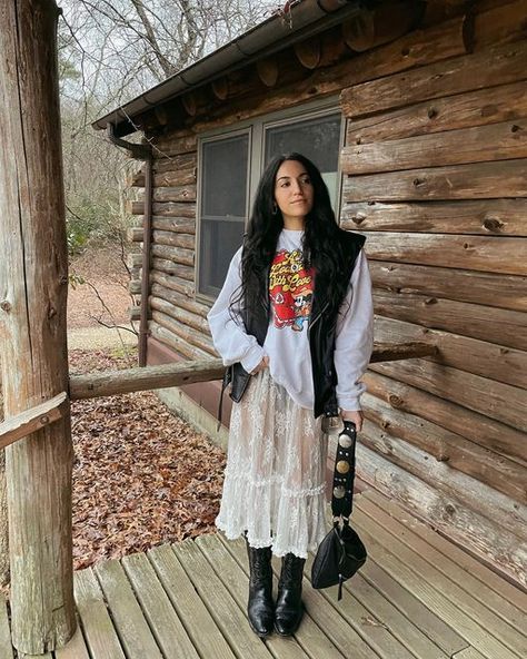 Amanda Sanft 🌞 on Instagram: "We made our All Loaded With Love graphic a crewneck 🤠❤️‍🔥💌 On the site now! 🖤 #disneystyle #disneyoutfit #bohostyle #vintsgestyle #vintagedisney #crewneckoutfit #lace #disneyfashion #mickeystyle Bohemian , lace skirt , vintage crewneck , Mickey , leather vest , Valentine’s Day outfit" Lace Skirt And Tshirt, Skirt And Vintage Tee, Lace Shirt Under Graphic Tee, Lace Skirt Under Oversized Shirt, Lace Vest Outfit, Vintage Leather Vest Outfit, Lace Skirt Oversized Tee, Leather Vest Outfit, Crew Neck Outfit