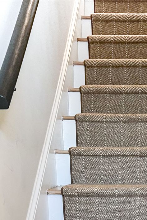 Stair runner before the installation of the new carpet fabricated and created to be a stair runner, carpet with dark colors giving a touch of sofisticated colors to the design of the house. To find more ideas for you home visit our website. Modern Staircase Runner Ideas, Colorful Stair Runner Ideas, Pinstripe Stair Runner, Dark Carpet On Stairs, Vintage Rug Stair Runner, Brown Stair Runner, Dark Stair Runner, High Traffic Carpet Ideas, Neutral Stair Runner