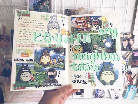 Studio ghibli anime are literally the best ✨💖 Studio Ghibli Journal Ideas, Studio Ghibli Scrapbook, Ghibli Scrapbook, Totoro Journal, Anime Scrapbook Ideas, Studio Ghibli Journal, Ghibli Journal, Journal Lettering Ideas, Anime Journal Ideas