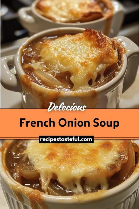 French Onion Soup is a classic and comforting dish known for its rich, caramelized onion flavor, savory broth, and melted cheese topping. Perfect for a cozy meal, this soup combines deeply caramelized onions with a hearty broth and is topped with crispy baguette slices and Gruyère cheese. Easy French Onion Soup Recipe, Easy French Onion Soup, Homemade French Onion Soup, Traditional Thanksgiving Recipes, Onion Soup Recipe, Oven Safe Bowls, Sweet Onions, French Onion Soup Recipe, Onion Soup Recipes