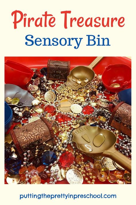 A pirate treasure sensory bin your little mateys will love. A low maintenance bin to inspire creativity and imaginative play. Pirate Sensory Bin, Pirate Crafts Preschool, Treasure Gold, Cousin Camp, Pirate Activities, Pirate Crafts, Crafts Preschool, Theme Activity, Pirate Treasure