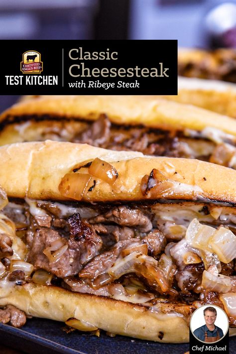 Philly Cheese Steaks done right! You can make an authentic cheese steak sandwich at home and it's oh, so amazing. Begin with a ribeye steak and follow these steps to make perfect Classic Philly Cheese Steaks. Traditional Philly Cheese Steak, Steak Egg Sandwich, Rib Eye Steak Sandwich Recipes, Recipes Using Ribeye Steak, Philly Cheese Steak Stromboli, Shaved Ribeye Sandwich, Leftover Steak Sandwich Recipes, Philly Cheese Steak Cheese Sauce, Boneless Ribeye Steak Recipes