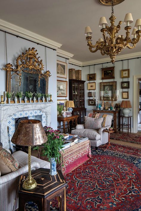 European Interiors, Pale Blue Walls, Morris Chair, Robert Kime, English Interior, English Decor, English Country Style, Oak Bookcase, Wallpaper Furniture