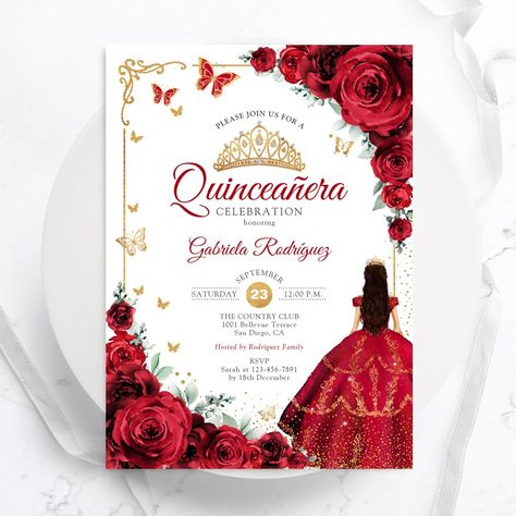 Elegant Chic Red Roses Gold Quinceanera Invitation Boots Quinceanera, Ball Gown Red, Western Elements, Rose Gold Quinceanera, Invitations Quinceanera, Red Quince, Quince Invitations, Butterfly Invitations, Ros Gold