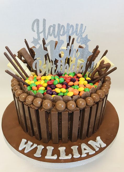 All sorts of sweets and chocolates on this 16th birthday cake with glitter topper Birthday Chocolates, 16 Birthday Cake, Mum Birthday, 16th Birthday, Themed Cakes, Chocolate Cake, Sweet Tooth, Birthday Cake, Cake