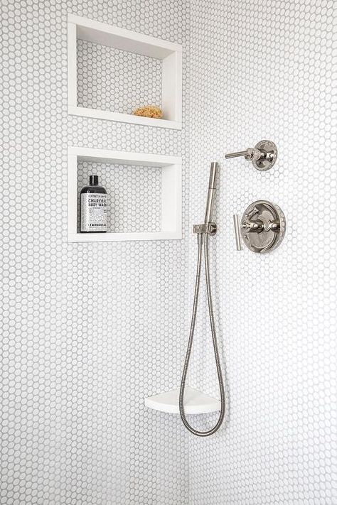 White Penny Shower Tiles with Light Gray Grout - Transitional - Bathroom Penny Tiles Bathroom, Tile Shower Niche, Gray Grout, Lake House Bathroom, Shower Tiles, Penny Round Mosaic, Shower Wall Tile, Marble Ceramic, Penny Round Tiles