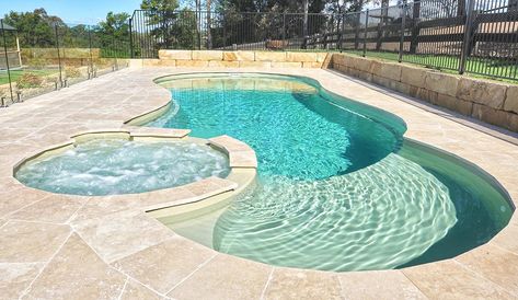 The Allure - pool with spa & tanning ledge - Leisure Pools Australia Pool With Hot Tub And Tanning Ledge, Pool With Tanning Ledge, Pools Australia, Pool 2023, Freeform Pool Designs, Pool Items, Pool With Spa, Tanning Ledge Pool, Pool Paradise