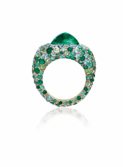 EMERALD AND COLOURED GEM RING, JAR. Sugarloaf cabochon emerald, circular-cut green gems, gold, ring size 6, signed JAR, pink JAR pouch. Emerald Ring Gold, Color Stones, Gem Ring, Green Gems, Colored Gems, Emerald Ring, Jewelry Ideas, Gold Ring, Stone Color