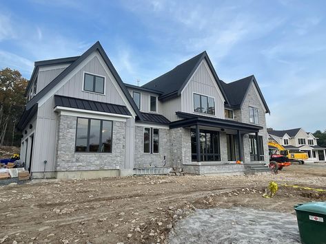 Modern Farmhouse II - David Small Designs Modern Farmhouse New Build, Modern Farmhouse Stone Exterior, Farmhouse Stone Exterior, Dark Grey Brick House Exterior, Brick And Stone House Exterior, Gray Brick House Exterior, Dark Modern Farmhouse Exterior, Farmhouse Siding, Grey Siding House