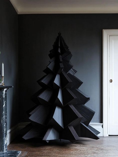 Creative Christmas Tree Ideas for Every Style and Space Blackout Christmas Tree, Wicked Themed Christmas Tree, Black Flocked Christmas Tree, Modern Black Christmas Tree, Non Traditional Christmas Tree, Alternative Christmas Tree Diy, Unconventional Christmas Trees, Creative Christmas Tree Ideas, Christmas Tree Alternative