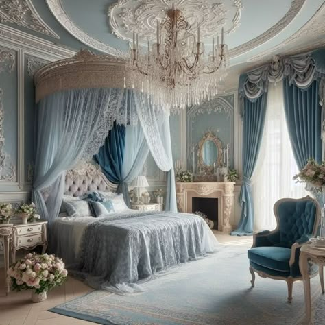 Royal Bedroom Decor, Light Blue Airy Bedroom, Big Royal Bedroom, Blue Castle Bedroom, Cinderella Inspired Bedroom, Light Blue Victorian Bedroom, Blue Royal Bedroom, Blue Princess Room Aesthetic, Cinderella Home Decor