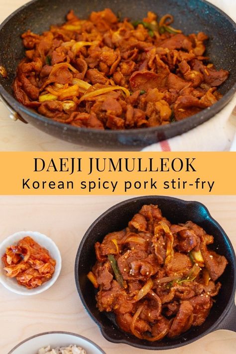 Daeji Jumulleok (Korean spicy pork stir-fry) Korean Spicy Stir Fried Pork, Korean Spicy Pork Recipe, Korean Stir Fry Pork, Meal Ideas Pork, Kimchi Pork Stir Fry, Korean Spicy Pork Bulgogi, Korean Pork Dishes, Pork Korean Recipes, Korean Main Dish