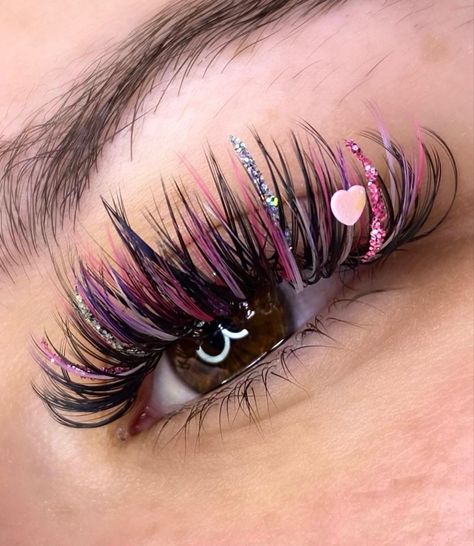 Pink And Red Eyelash Extensions, Lashes Color Eyelashes, Pink Glitter Lash Extensions, Valentine Eyelash Extensions, Color Lash Extensions Eyelashes, Fun Lash Extensions, Colour Eyelash Extensions, Pop Of Color Lash Extensions, Valentines Day Lash Extensions