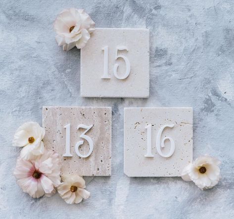 Travertine Table Numbers, Table Numbers Wedding Diy, Signing Table Wedding, Wedding Wall, April Wedding, Wedding Reception Tables, Wedding Dinner, Wedding Mood Board, Wedding Tablescapes