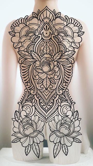 Blackwork Back Tattoo, Ornamental Sleeve Tattoo, Ornamental Tattoo Back, Ornamental Back Piece, Ornamental Back Tattoo Women, Ornamental Back Tattoo, Mandala Back Tattoo, Ornamental Tattoo Design, Backpiece Tattoo