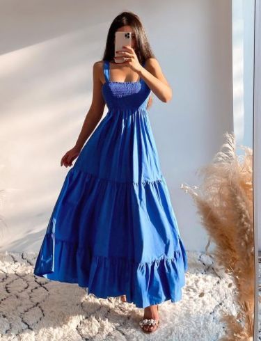 Blue Dress Long Casual, Blue Sundress Long, Flowy Summer Dresses Sundresses Long, Long Sundress Outfit Summer, Long Summer Dress Outfits Casual, Sun Dresses For Summer Long, Flowy Sundress Long, Flowy Blue Beach Dress, Cute Sundresses Long