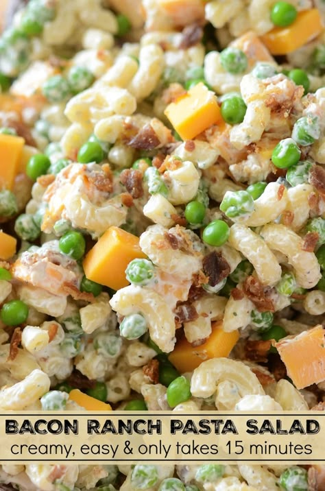 Bacon Ranch Pasta Salad: a quick, easy & creamy pasta salad with cheddar cheese, bacon, peas & ranch seasoning all tossed together! #BaconRanchPastaSalad #PastaSalad #RanchPastaSalad #PotluckRecipes #PicnicRecipes #Recipe #PastaRecipe #Bacon Salad With Cheddar Cheese, Noodles Seasoning, Peas Bacon, Bacon Peas, Elbow Noodles, Bacon Pasta Salad, Creamy Pasta Salad, Easy Potluck Recipes, The Novice Chef