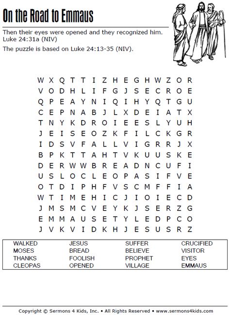 The Road to Emmaus - Word Search Puzzle The Road To Emmaus Craft Sunday School, Road To Emmaus Activity, Road To Emmaus Sunday School, Road To Emmaus Craft, Bible Puzzles, The Road To Emmaus, Sunday School Worksheets, Church Calendar, Sunday School Printables