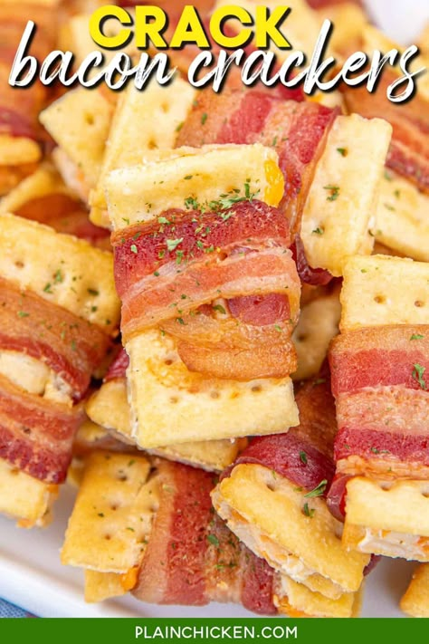 Crack Bacon Crackers Recipe – These things fly off the plate at parties! Super easy to make with only 5 ingredients! Club crackers, cream cheese, ranch dressing mix, cheddar cheese, and bacon. Can make 10 or 100. Can assemble ahead of time and bake when ready. A bacon lover's dream! This bacon cracker recipe makes a great appetizer, breakfast snack, tailgate dish, and party food. You are going to love them! Cream Cheese Bacon Crackers, Club Cracker Bacon Appetizer, Bacon Crackers, Plain Chicken Recipe, Bacon Cracker, Crackers Appetizers, Pimento Cheese Spread, Cracker Recipe, Club Crackers