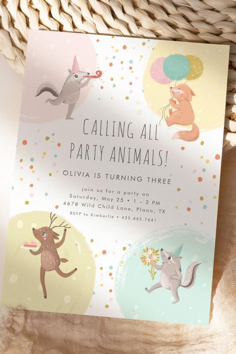 Party Animals Colorful Kids Birthday Party Invitation Woodland Animal Birthday, 92nd Birthday, 77th Birthday, Fox Squirrel, Birthday Cheers, Kids Birthday Themes, Animal Birthday Party, Kids Birthday Party Invitations, Party Animals