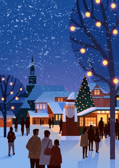 Christmas Market Art, Digital Christmas Art, Christmas Poster Illustration, Christmas Market Poster, Christmas Market Illustration, Mark Boardman, Market Illustration, Christmas Illustration Design, Illustration Kunst