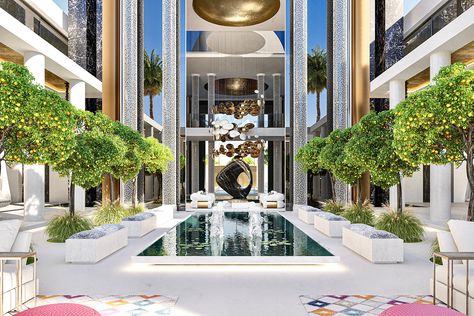 The central open Cortijo, or courtyard with citrus trees and water installations Luxury Mansions Interior, New Palace, Luxury Houses Mansions, Mansion Designs, Beverly Hills Houses, Dream Mansion, Spanish Architecture, The Lure, Arabic Design