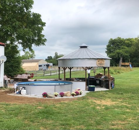 Grain Bin Gazebo Outdoor Kitchens, Silo Hangout, Silo Outdoor Kitchen, Silo Kitchen, Grain Bin Ideas, Silo Gazebo, Silo Ideas, Bin Gazebo, Yard Gazebo