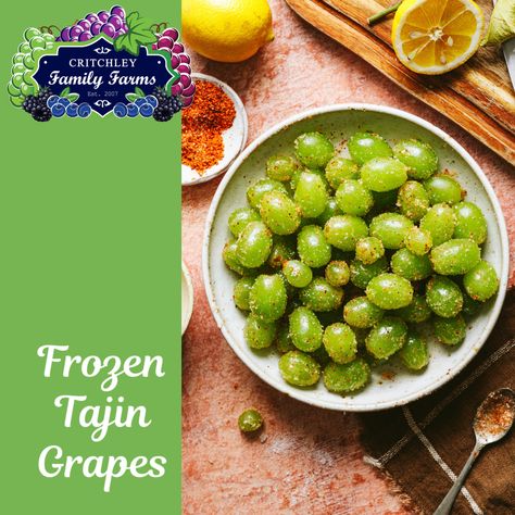 Frozen Tajin #Grapes are a quick, easy, cool, & tasty way to cool down while this hot weather persists! #California #greengrapes #critchleyfamilyfarms Fruit Salsa, Green Grapes, Grapes, Frozen, Fruit, Canning