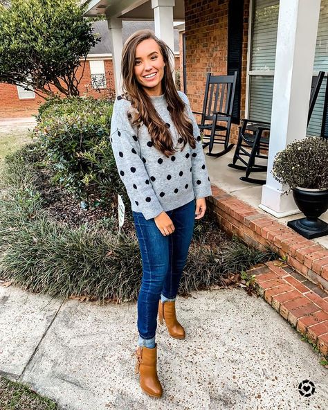 Polka dot sweater outfit Gianni Bini booties on sale easy outfit effortless style #outfitidea #polkadot #sweaterweather Polka Dot Sweater Outfit, Easy Outfit, Polka Dot Sweater, Sweater Outfit, Cold Weather Fashion, Clothing Websites, Cold Weather Outfits, Gianni Bini, Black Polka Dot