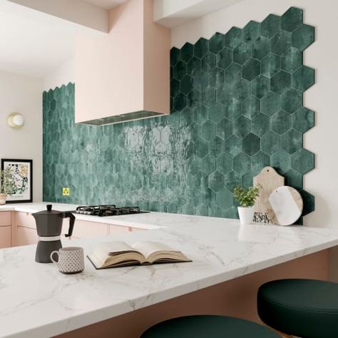 Green Hexagon Tile, Hexagon Wall Tile, Hexagon Wall Tiles, Hexagon Wall, Contemporary Tile, Hexagon Tile, Bamboo Mirror, Hexagon Design, Hexagon Tiles