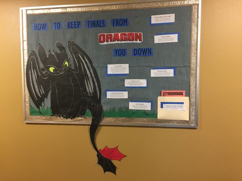 How to keep Finals from DRAGON you down. My "How to Train Your Dragon" board. How To Train Your Dragon Classroom, Studio Ghibli Bulletin Board, How To Train Your Dragon Decorations, Dragon Bulletin Board, Ra Programs, Ra Inspiration, College Bulletin Boards, Ra Themes, Bulletin Boards Theme