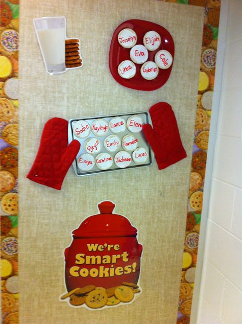 Smart cookie bulletin board. Cookie Classroom Theme, Smart Cookie Bulletin Board, Smart Cookies Bulletin Board, Cookie Bulletin Board, Cafeteria Decorations, School Cafeteria Decorations, Pta Bulletin Boards, Classroom Cooking, Elementary School Bulletin Boards