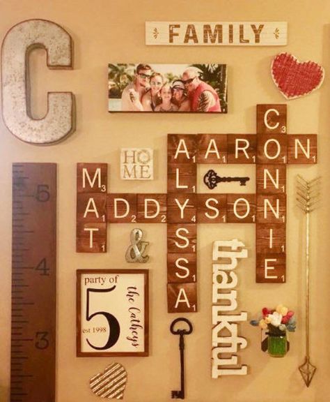 Wall Tiles Design For Living Room, Scrabble Wall Decor, Wall Tiles Living Room, Diy Scrabble, Scrabble Tile Wall Art, Family Pictures On Wall, Scrabble Wall Art, Scrabble Wall, Design For Living Room