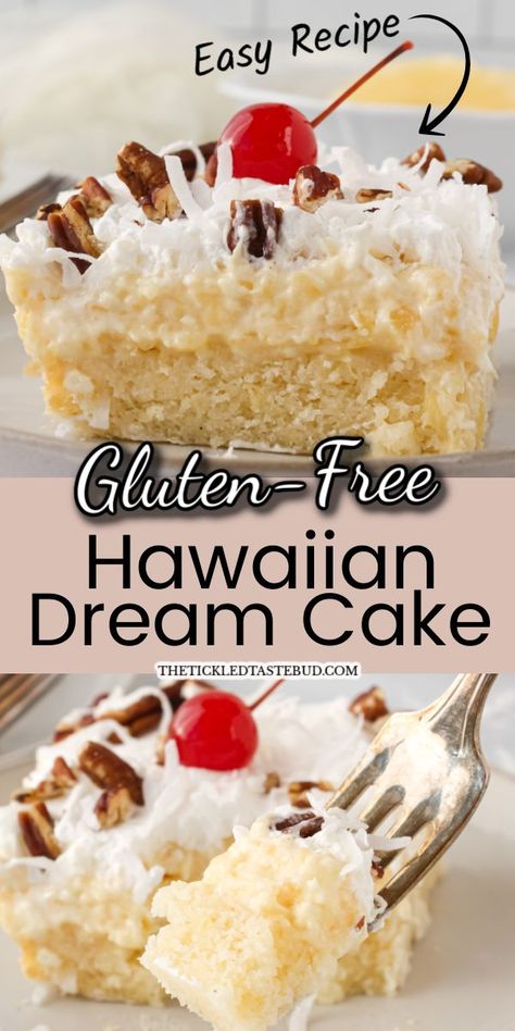 GLUTEN-FREE HAWAIIAN DREAM CAKE Best Gluten Free Desserts Glutenfree Easy Recipes, Easy Family Dinners Gluten Free, Gluten Free Jello Poke Cake, Gf Birthday Dessert, Gf Fourth Of July Desserts, Coconut Gluten Free Recipes, Gluten Free Cookout Desserts, Gluten Free Pineapple Coconut Cake, Summer Dessert Gluten Free