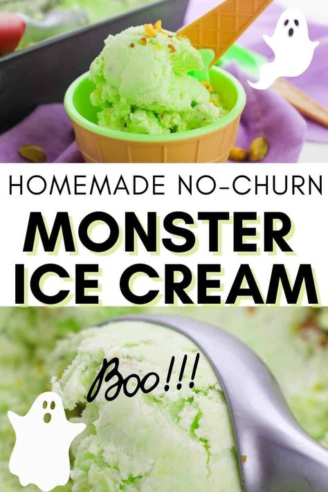 Craving something sweet and savory? This Monster Halloween Ice Cream is perfect for a spooky movie night! We fell in love with this simple 3 ingredient recipe while planning on Ghostbuster's Movie Night! Homemade Pistachio Ice Cream, Pistachio Ice Cream Recipe, No Egg Ice Cream Recipe, Movie Inspired Recipes, Spooky Movie Night, Monster Ice Cream, Halloween Ice Cream, Movie Night Food, Gluten Free Candy